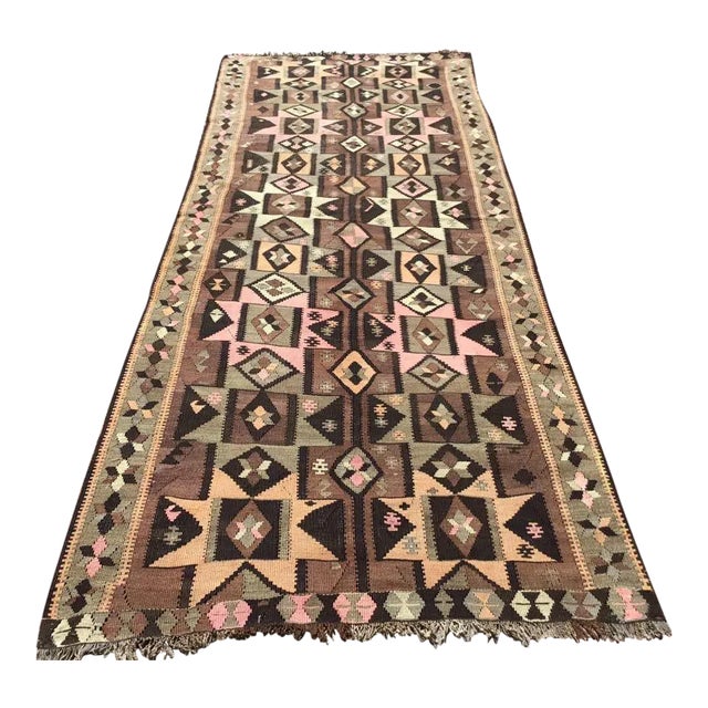 Vintage Brown Turkish Kilim Rug - 55" X137" For Sale