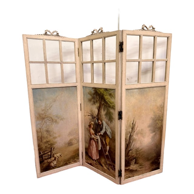Louis XVI Three-Panel Screen with Romantic and Landscape Decorations, 1930s For Sale