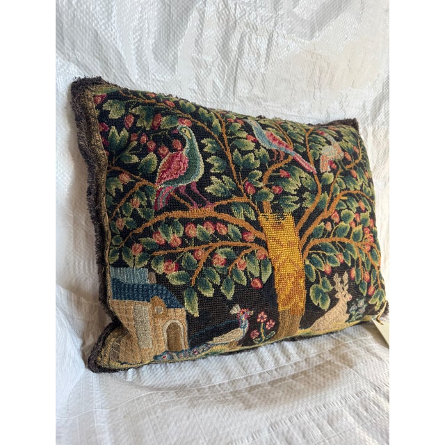17th century English silk and wool tapestry decorative pillow created from an authentic handwoven tapestry fragment dating...