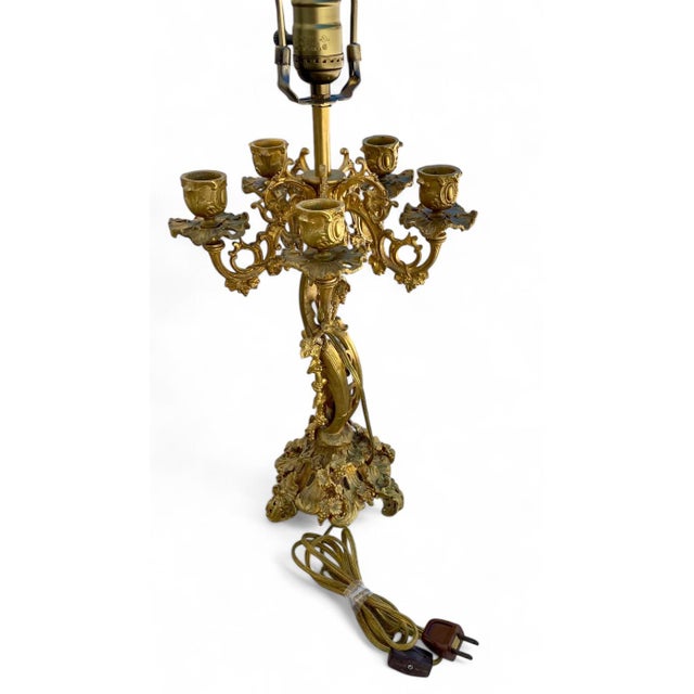 1900 - 1909 Early 20th Century French Louis XV La Belle Époque Ormolu Five Arm Candelabra Table Lamps - a Pair For Sale - Image 5 of 11
