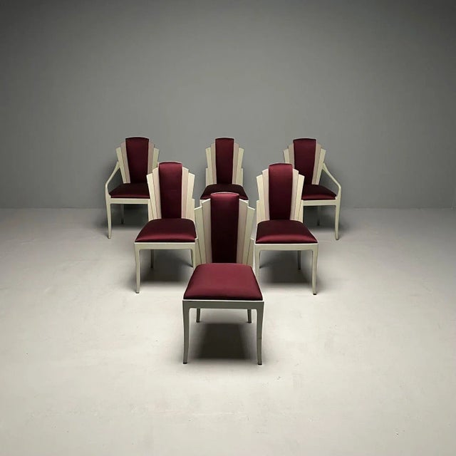 Vladimir Kagan Mid-Century Modern, Six Eva Dining Chairs, Lacquer, Maroon Fabric For Sale - Image 4 of 12