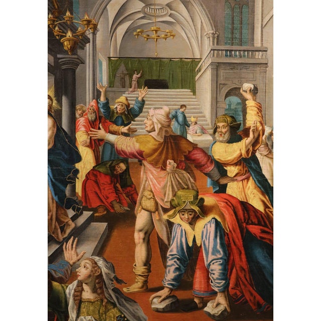 Workshop of Maarten De Vos, Christ Expelled from the Temple of Jerusalem, 1600, Oil on Canvas For Sale - Image 3 of 14
