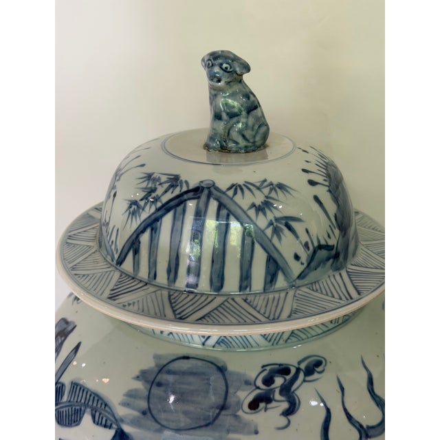 Ceramic Pair Monumental Blue & White Chinese Porcelain Covered Dragon Temple Jars With Foo Dog Finials, 23” H For Sale - Image 7 of 12