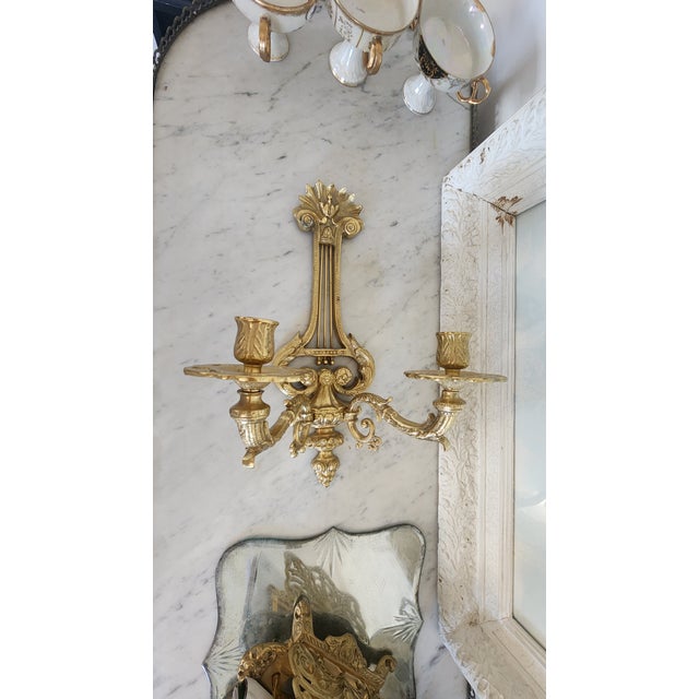 Vintage Chinese Lacquered Brass Lyre-Form Double-Arm Candle Wall Sconce For Sale - Image 12 of 18