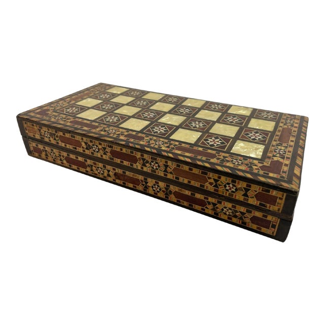 Middle Eastern Mosaic Wooden Inlaid Marquetry Box for Game Chess and Backgammon For Sale