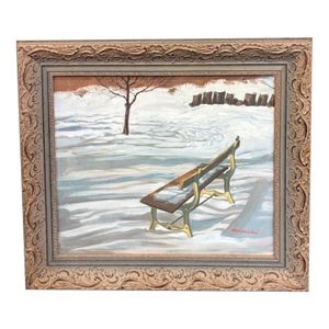 Mid Century Listed Artist Oil on Canvas Painting - The Bench - Signed Albert Michini
