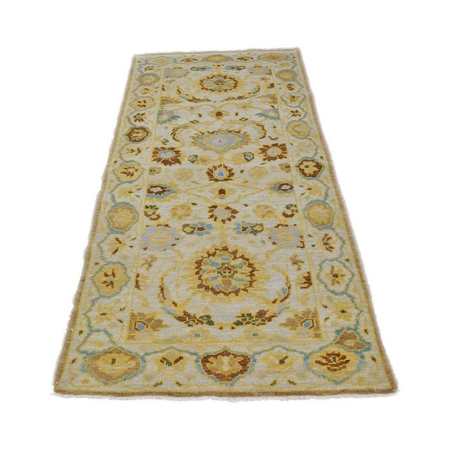 Islamic 21st Century Afghan Sultanabad Wool 3x6 Ivory, Light Blue & Gold Handmade Runner Rug #1143914 For Sale - Image 3 of 6