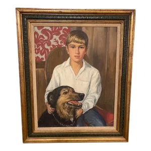 Vintage Portrait Oil Painting of a Young Man With Dog