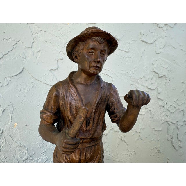 1900 - 1909 Antique Patinated Spelter Figure of a Young Laborer With Tool, C. 1900–1920 For Sale - Image 5 of 8