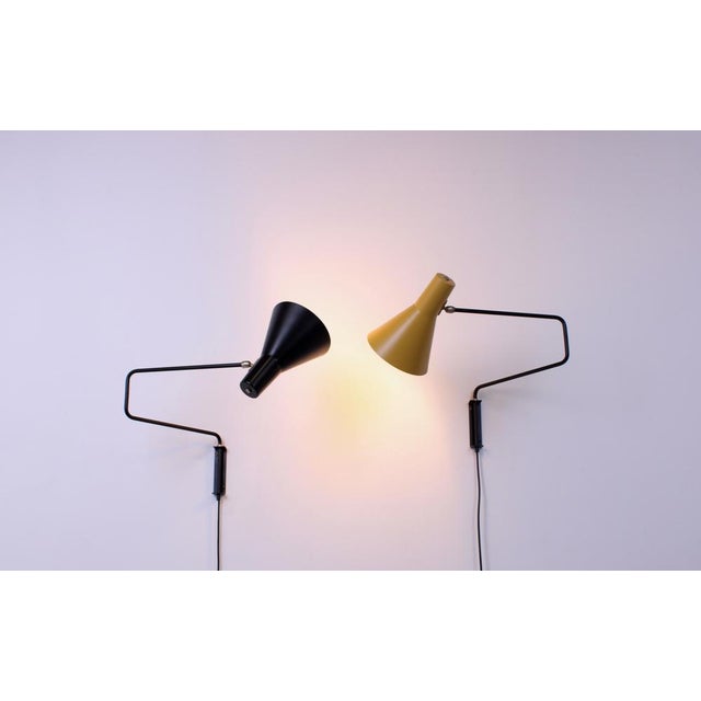 1950s Black and Yellow 7101 Paperclip Elbow Sconces by J. J. M. Hoogervorst for Anvia, 1950s, Set of 2 For Sale - Image 5 of 18