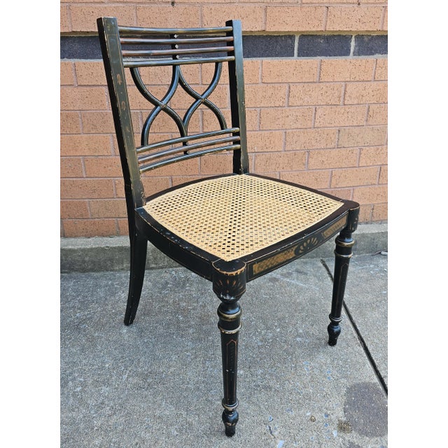Set Four Baker Historic Charleston Decorated Ebonized Wood and Cane Side Chairs For Sale - Image 10 of 12