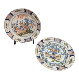 Set of Two 18th Century Hand Painted Porcelain Delft 9" Plates Circa 1725-1750