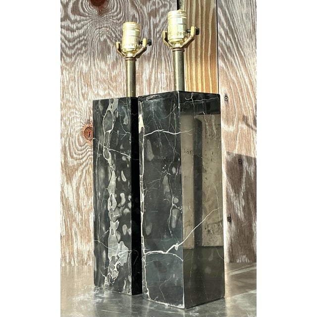 Black Vintage Boho Solid Black Marble Lamps - a Pair For Sale - Image 8 of 8