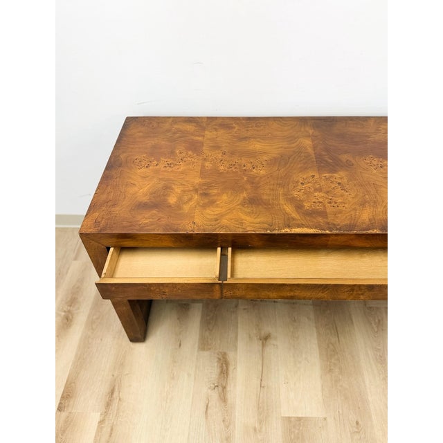 Brown Rare Vintage Hekman MCM Burlwood Desk With Three Drawers Mid Century Collectable For Sale - Image 8 of 13