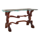 Sculptural Walnut + Glass Top Console Table Attributed to Paul László, 1950s For Sale