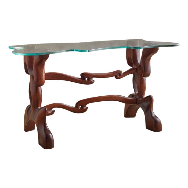 Sculptural Walnut + Glass Top Console Table Attributed to Paul László, 1950s For Sale