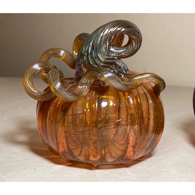 Share Pair of Vintage Hand Blown Studio Glass Iridescent Orange Pumpkin Sculpture For Sale In New York - Image 6 of 11