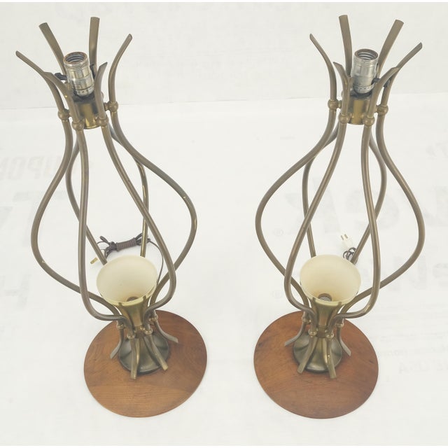 Brass Pair of Onion Shape Turned Solid Walnut Bases Brass Harps Table Lamps MINT! For Sale - Image 8 of 13