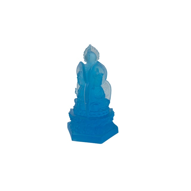 Blue Frosted Crystal Glass Lotus Base 3 Sides Bodhisattva Sanbao Figure For Sale - Image 10 of 13