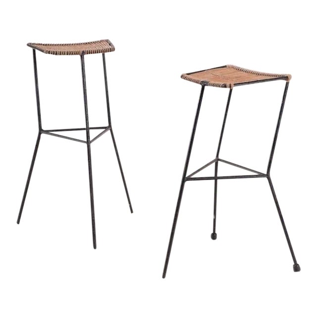 Pair of Vintage French Iron and Rattan Counter Stools For Sale