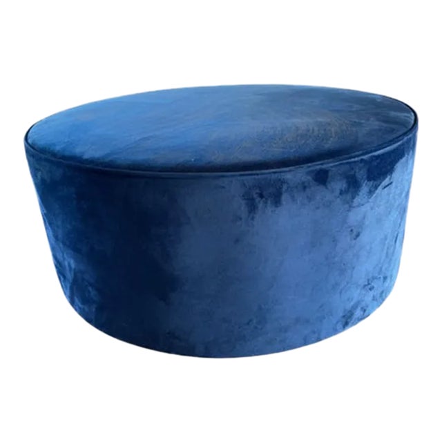 Large Round Blue Velvet Ottoman – Upholstered Accent Seating For Sale