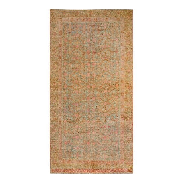 1930s Tan Taupe Pomegranate Antique Central Asian Khotan Rug 5'10" X 11'8" Handknotted Wool Carpet For Sale