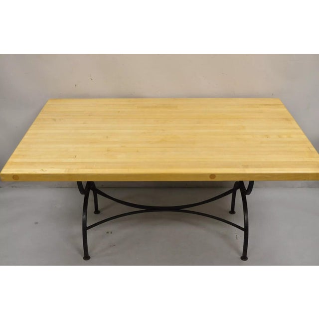Late 20th Century Vintage Regency Farmhouse Iron Curule Base Butcher Block Wood Top Dining Table For Sale - Image 5 of 12