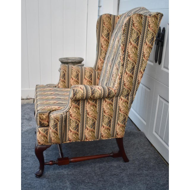 Brown Vintage Queen Anne Wingback Chair Mahogany Cabriole Leg Striped Tapestry Floral For Sale - Image 8 of 15