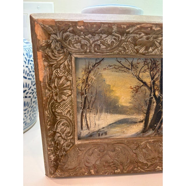 Vintage Mini Oil Wood Landscape Paintings in Distressed Ornate Wood Frames – Set of Three For Sale - Image 13 of 16