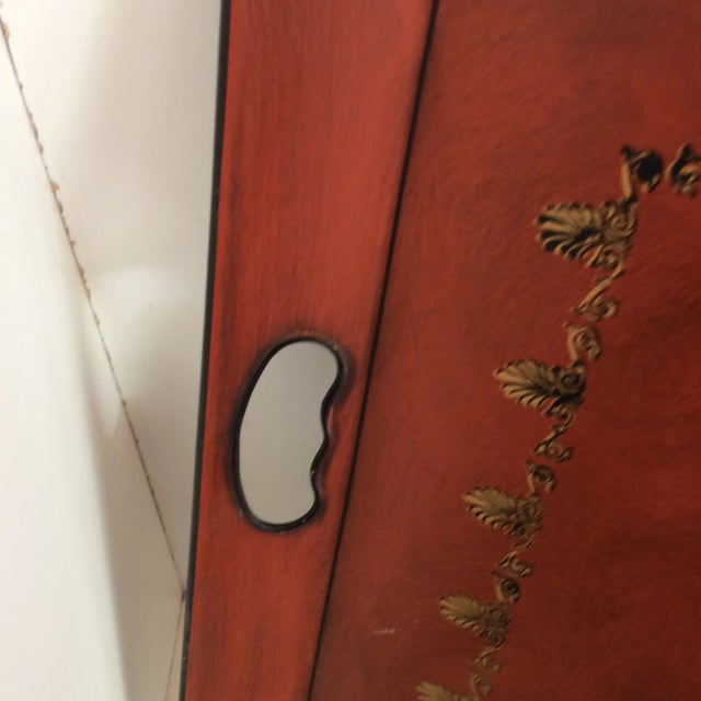Unusual vintage hand painted Nashco tray that is intended to look like a leather writing surface on old mahogany drop...