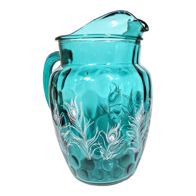 Turquoise Peacock Feathered Pitcher For Sale