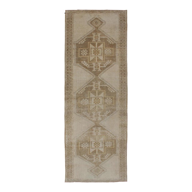 Vintage Hand Knotted Oushak Gallery Runner With Three Medallion Design in Taupe, Light Brown For Sale