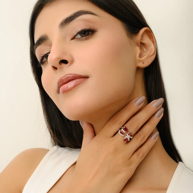 Metal Contemporary Multi-Shape Garnet Gemstone With Cz Open Cuff Ring in Silver Size 8 For Sale - Image 7 of 12