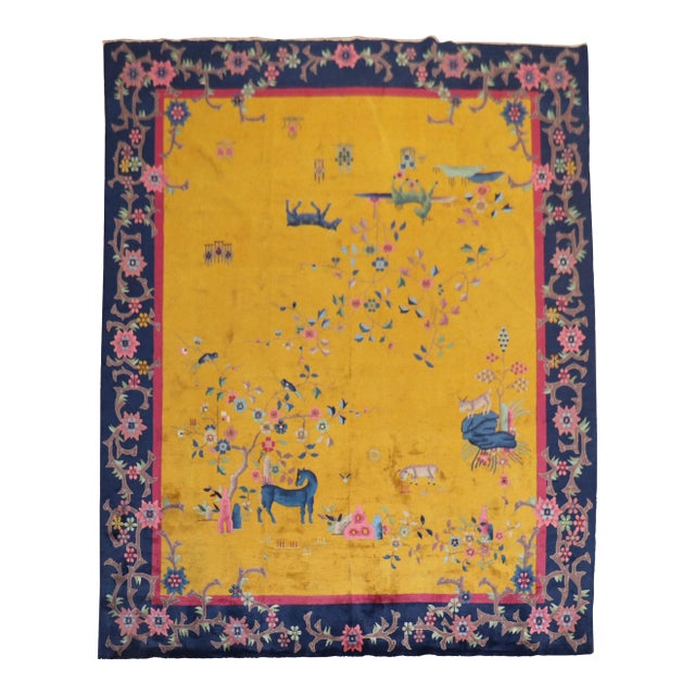 Golden Rod Pictorial Animal Chinese Art Deco Rug For Sale
