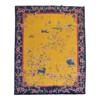 Golden Rod Pictorial Animal Chinese Art Deco Rug - 7'10" x 9'8" For Sale