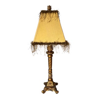 Ornate Gold-Tone Barley-Twist Buffet Lamp With Fringed Shade For Sale