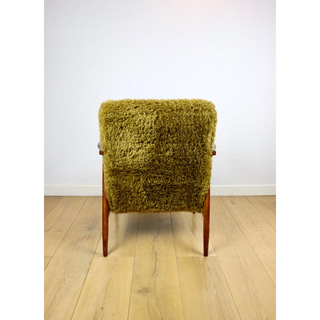 Wood Vintage Olive Lounge Chair in Red Fox with High Pile Camel Fabric, 1970s For Sale - Image 7 of 13