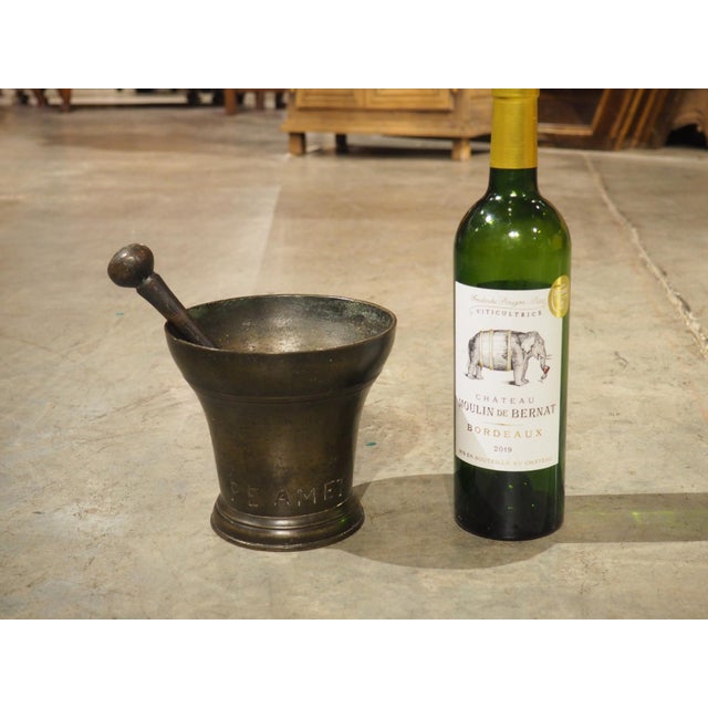 18th Century Bell Shaped French Bronze Mortar With Pestle, Inscribed Pe Amet For Sale - Image 4 of 11
