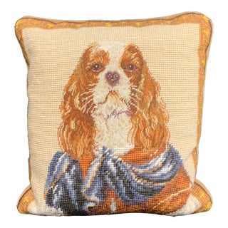 Late 20th Century Cavalier King Charles Spaniel Needlepoint Throw Pillow For Sale