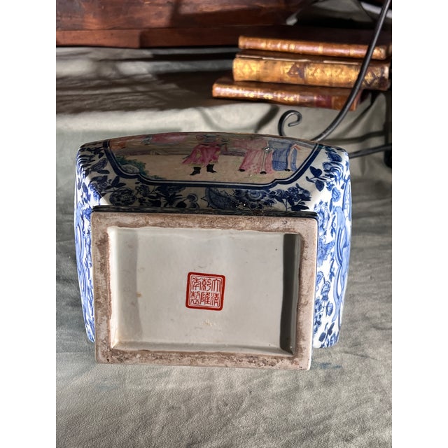 Vintage Blue and White Porcelain Vase With Hand Painted Court Scene For Sale - Image 4 of 11