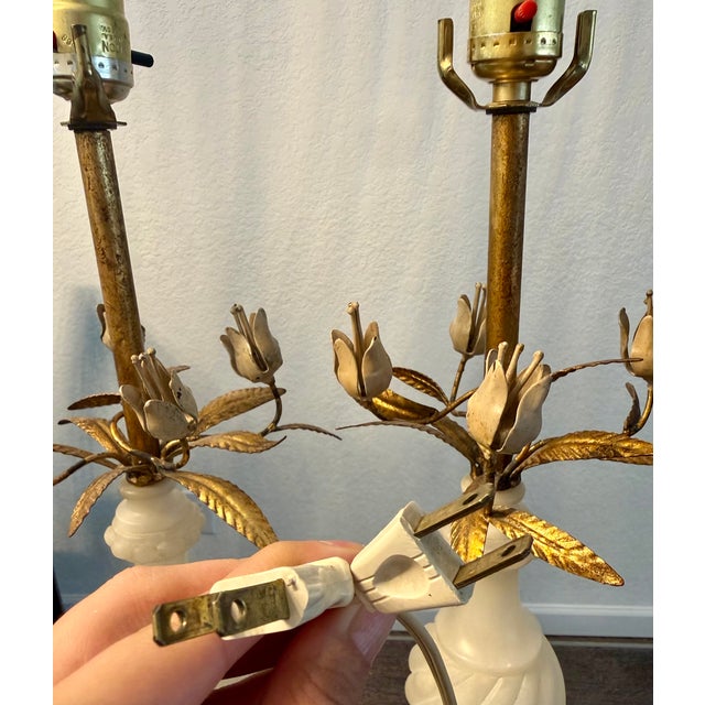 1950s Alabaster Balustraude Gilt Tole Flower Table Lamp - a Pair For Sale In Portland, OR - Image 6 of 7