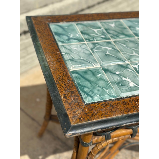Wood British Colonial Antique Tile Top Bamboo Table For Sale - Image 7 of 8
