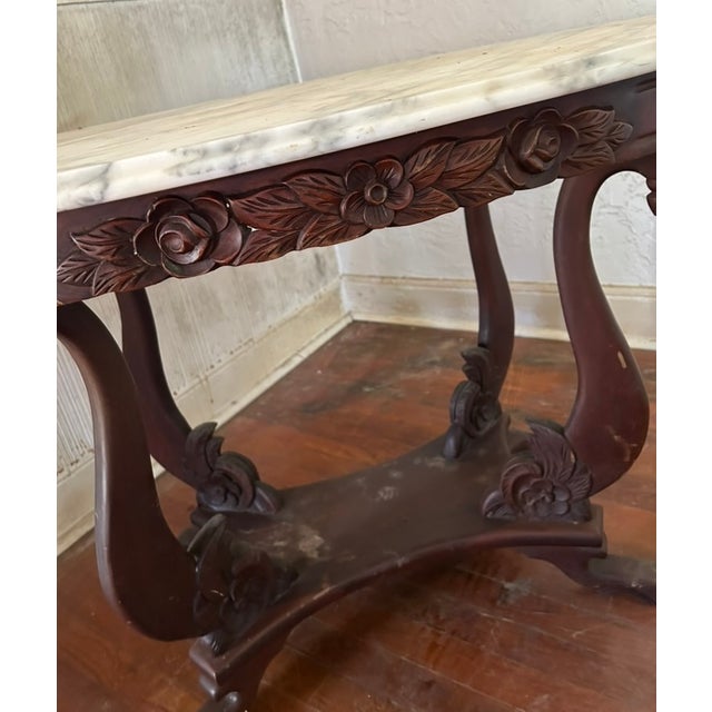 Mid 20th Century French Provincial Style Oval Marble-Top Center Table | Italian Marble | Carved Rose Garland Apron | Lyre Base For Sale - Image 10 of 14