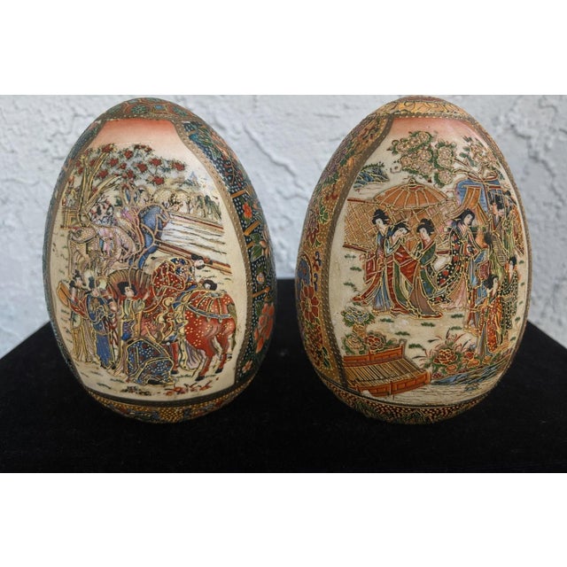 Chinese Vintage Hand-Painted Chinese Porcelain Decorative Egg Sculptures on Wooden Bases– Set of 2 – 5.5” For Sale - Image 3 of 12