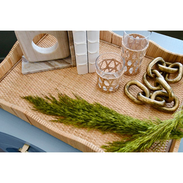 Brand new, special order item. Not vintage. Shaped and scalloped, this rattan serving tray embraces its rectangle roots...