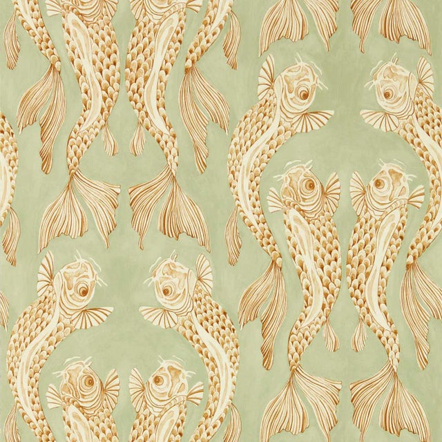 Sanderson Voyaging Koi Wallpaper in Oriental Green/Honey - a Sample For Sale