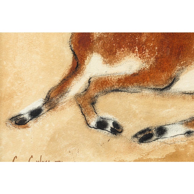 Charles Culver Signed Resting Deer Modern Pastel Watercolor Painting 1950s For Sale - Image 4 of 7