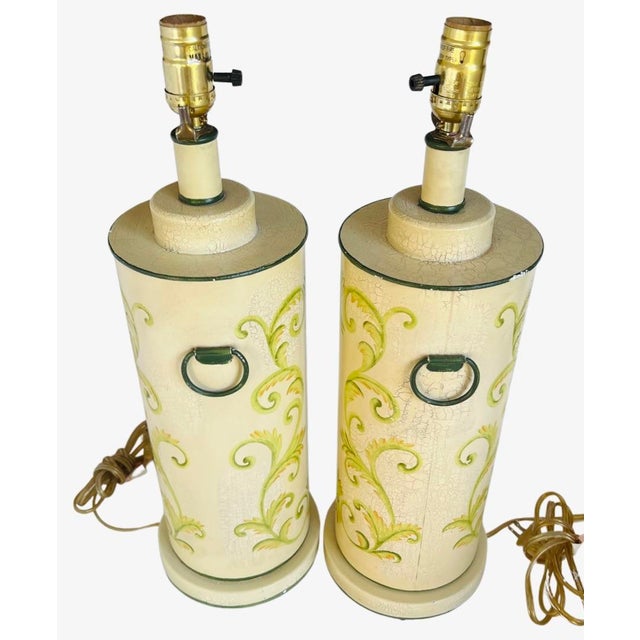 Hollywood Regency Hollywood Regency Hand-Decorated Italian Tôle Peinte Neoclassical Cylinder Table Lamps, a Pair For Sale - Image 3 of 12