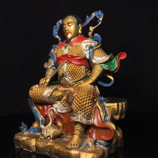 Chinese Antique Chinese Polychrome Gilt Bronze Daoist Deity Zhenwu (Xuanwu) Seated Statue For Sale - Image 3 of 9