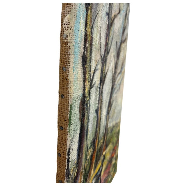 Mid-Century Modern Vintage Landscape Oil Painting on Burlap, Mid-Century Modern Art For Sale - Image 3 of 10